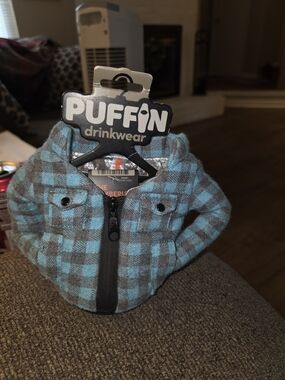 Puffin Drinkwear  Blue & Gray Plaid Puffer Jacket Kooshie